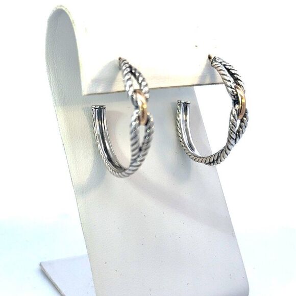 David Yurman Large Hoop Earrings 18 KT Gold + Silver Estate DY562 - Picture 8 of 9